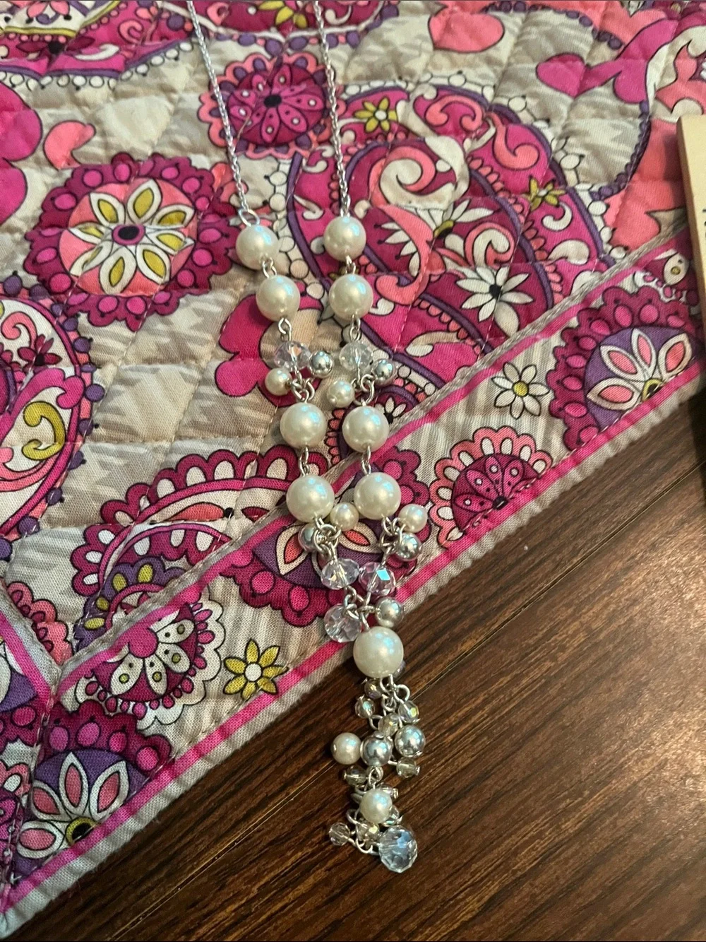 Pearl and Crystal Dangle Necklace - Silver Tone